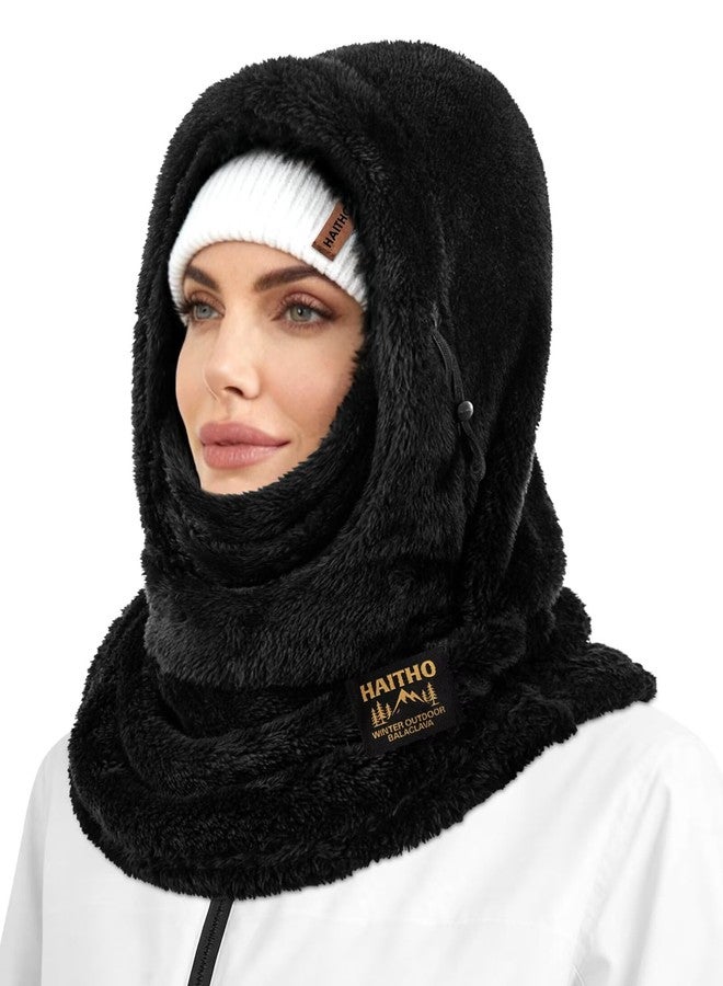 HAITHO Ski Mask Balaclava for Women Men, Winter Full Face Mask Hooded Scarf for Cold Weather, Thermal Fleece Head Cover Neck Warmer for Motorcycle Skiing Snowboarding Black - Image 1